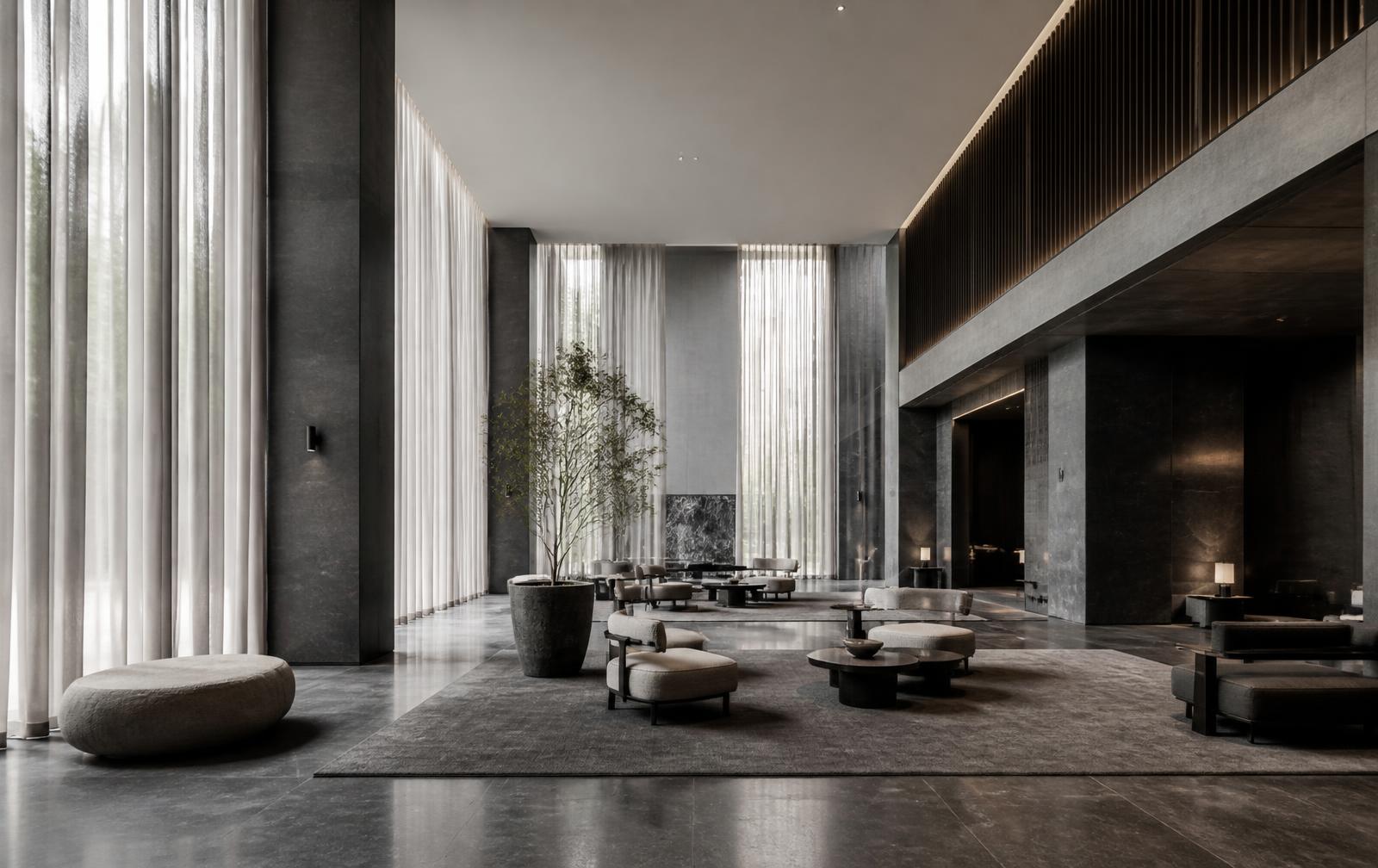 Hotel lobby with full-height motorised sheer drapery
